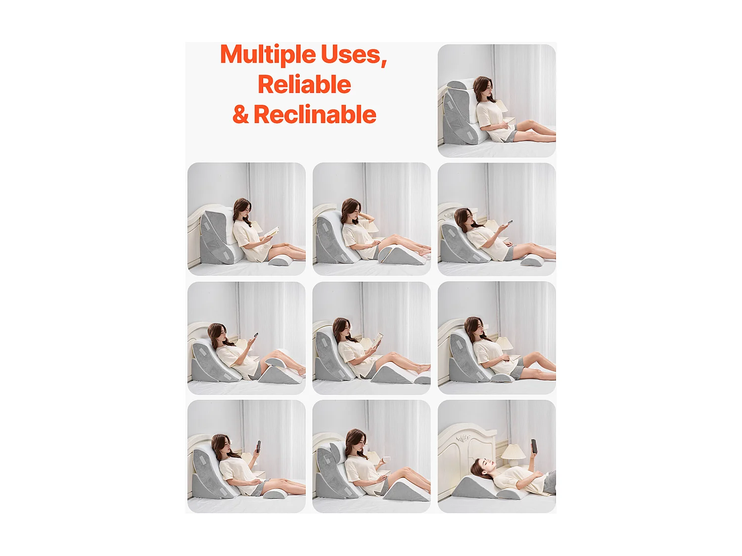 Inkliniertes Bettkissen SucceBuy, Reguliertes Orthopädisches Dreiecks-Kissen, Schaumgefüllt, Waschbare Hülle, Rückenstütze, Linderung bei SäureReflux, Weiß/Grau