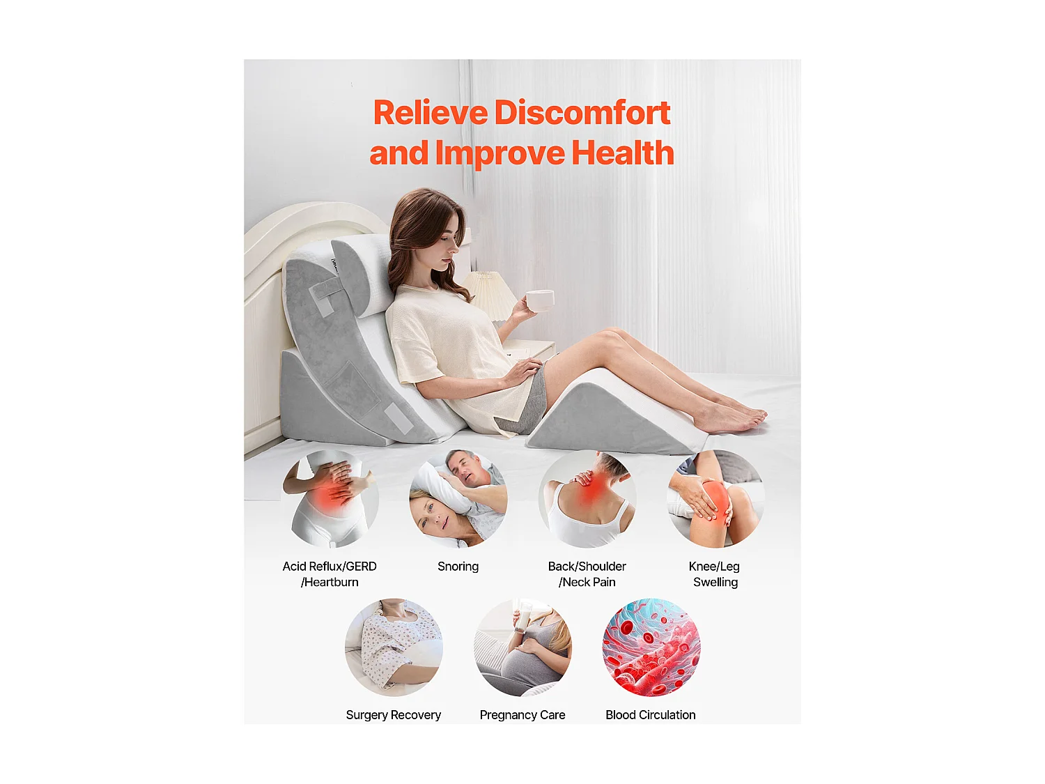 Inkliniertes Bettkissen SucceBuy, Reguliertes Orthopädisches Dreiecks-Kissen, Schaumgefüllt, Waschbare Hülle, Rückenstütze, Linderung bei SäureReflux, Weiß/Grau