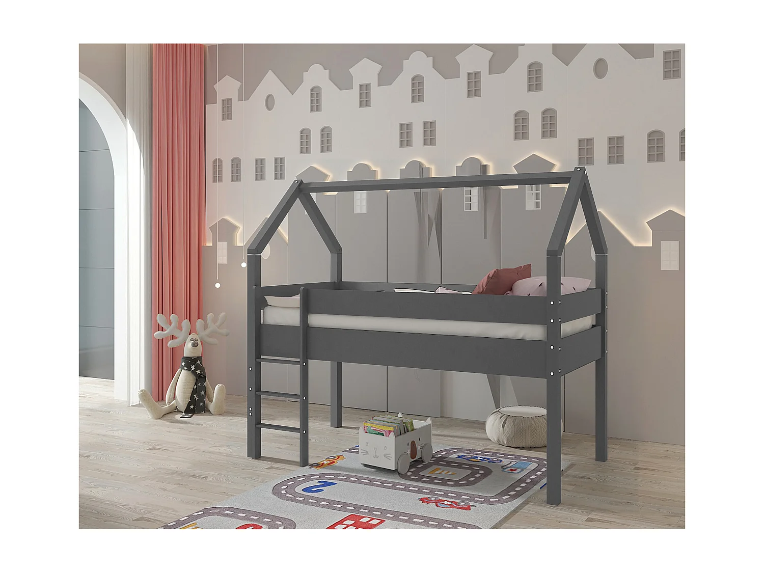 Alpi|Lit cabane surélevé en pin gris 90x200