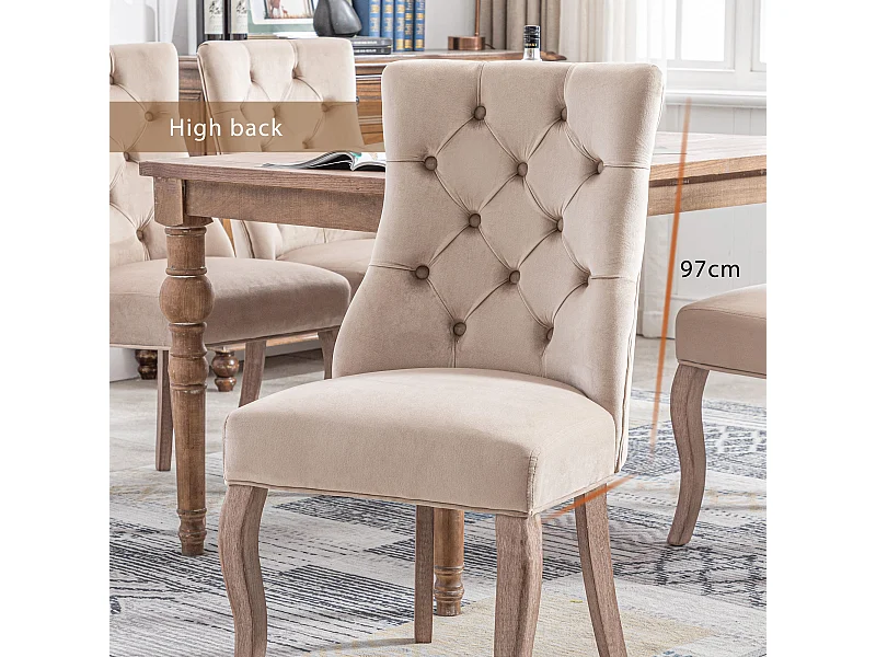 Sedia da pranzo in velluto beige con schienale alto e bottoni, struttura in legno massello, set da 4 (53x61x91 cm)