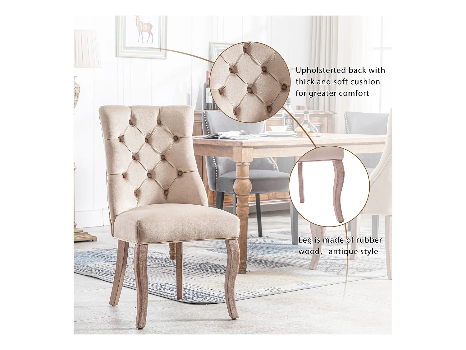 Chaise de Salle à Manger en Velours Beige avec Dossier Haut et Boutons, Cadre en Bois Massif, Set de 4 (53x61x91 cm)