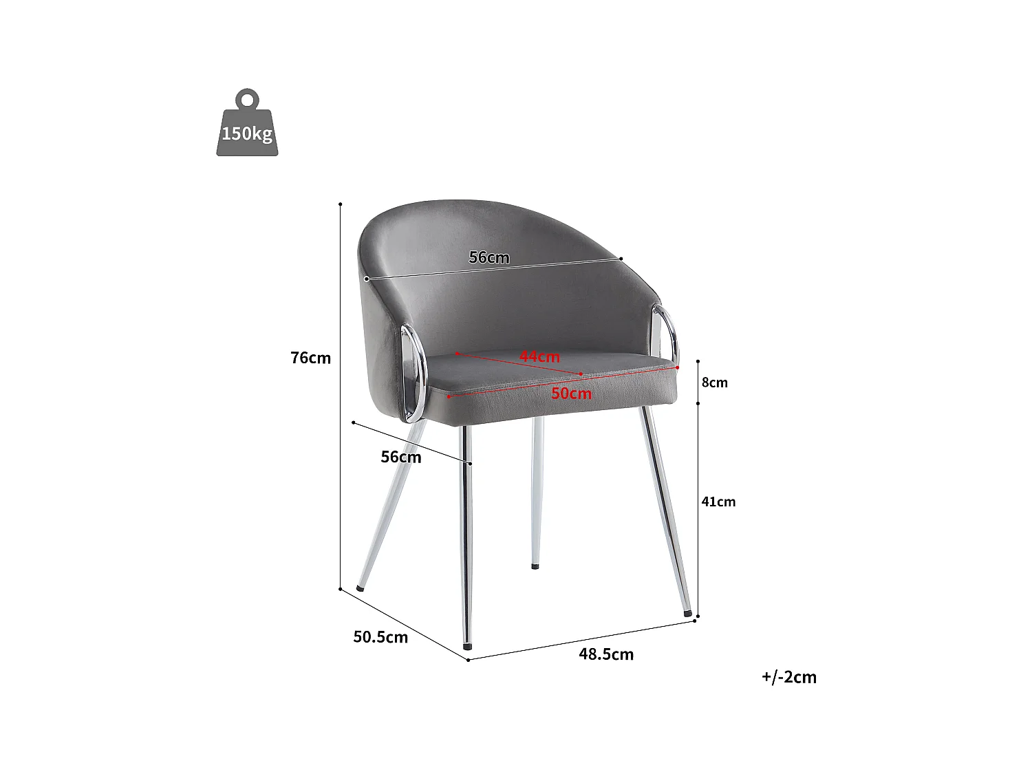 Chaises salle à manger velours (6 pièces), pieds métal argenté, design simple, luxueux, pieds réglables, gris (48.5x50.5x76 cm)