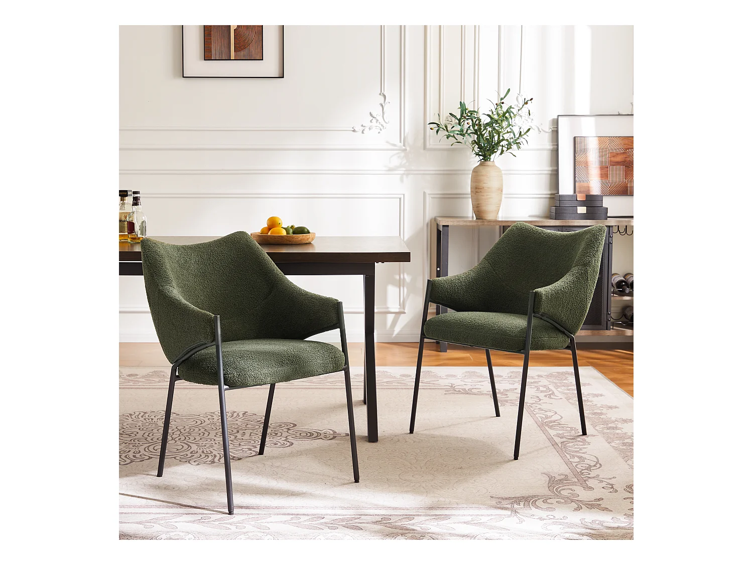 Lot de 2 chaises de salle à manger, fauteuil lounge avec accoudoirs, tissu en peluche sherpa, coussin épais, vert (48x52.5x83.7 cm)