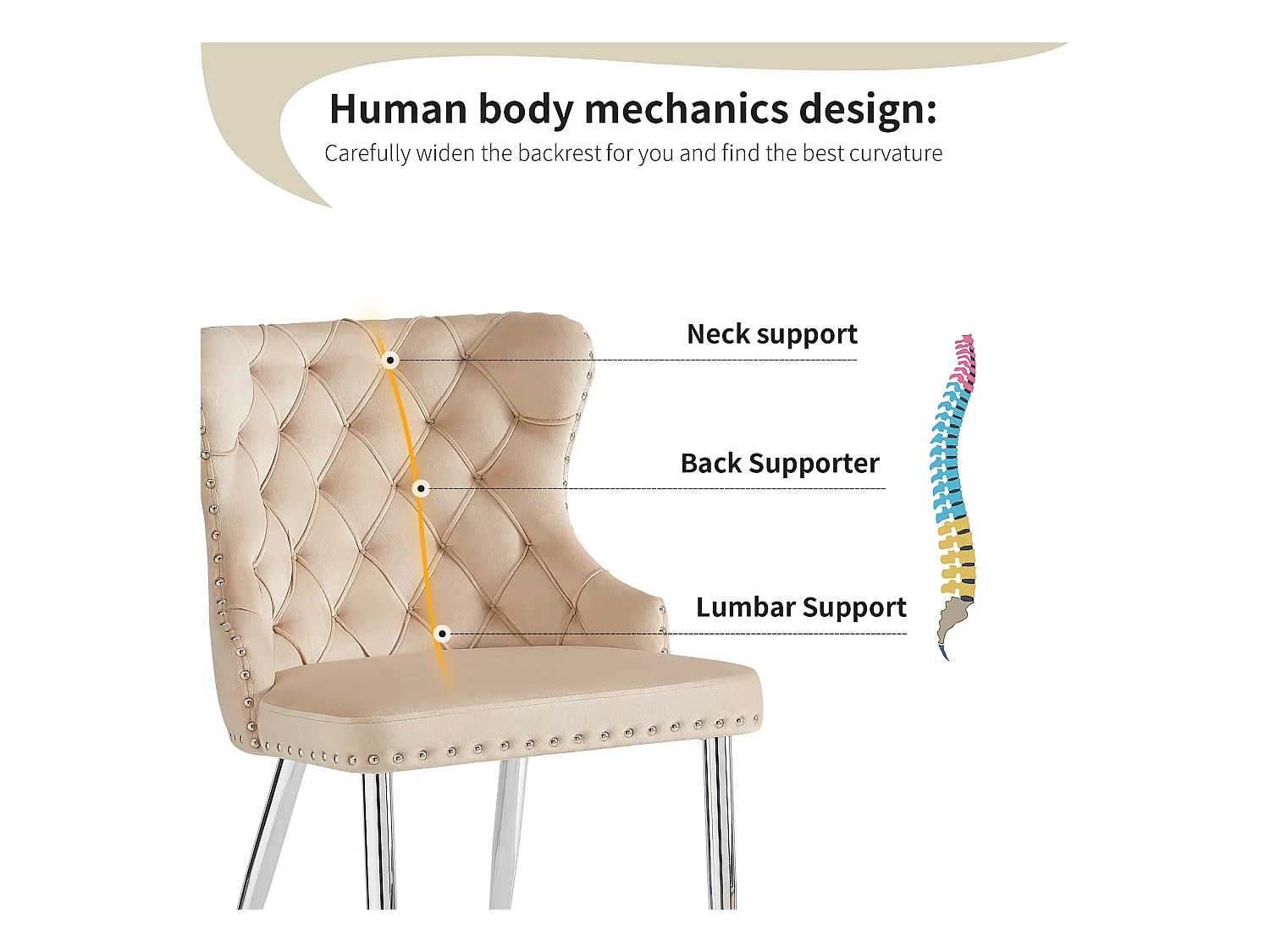Chaise de salle à manger en velours, design luxueux avec pieds argentés réglables, beige (54x54x85.5cm)