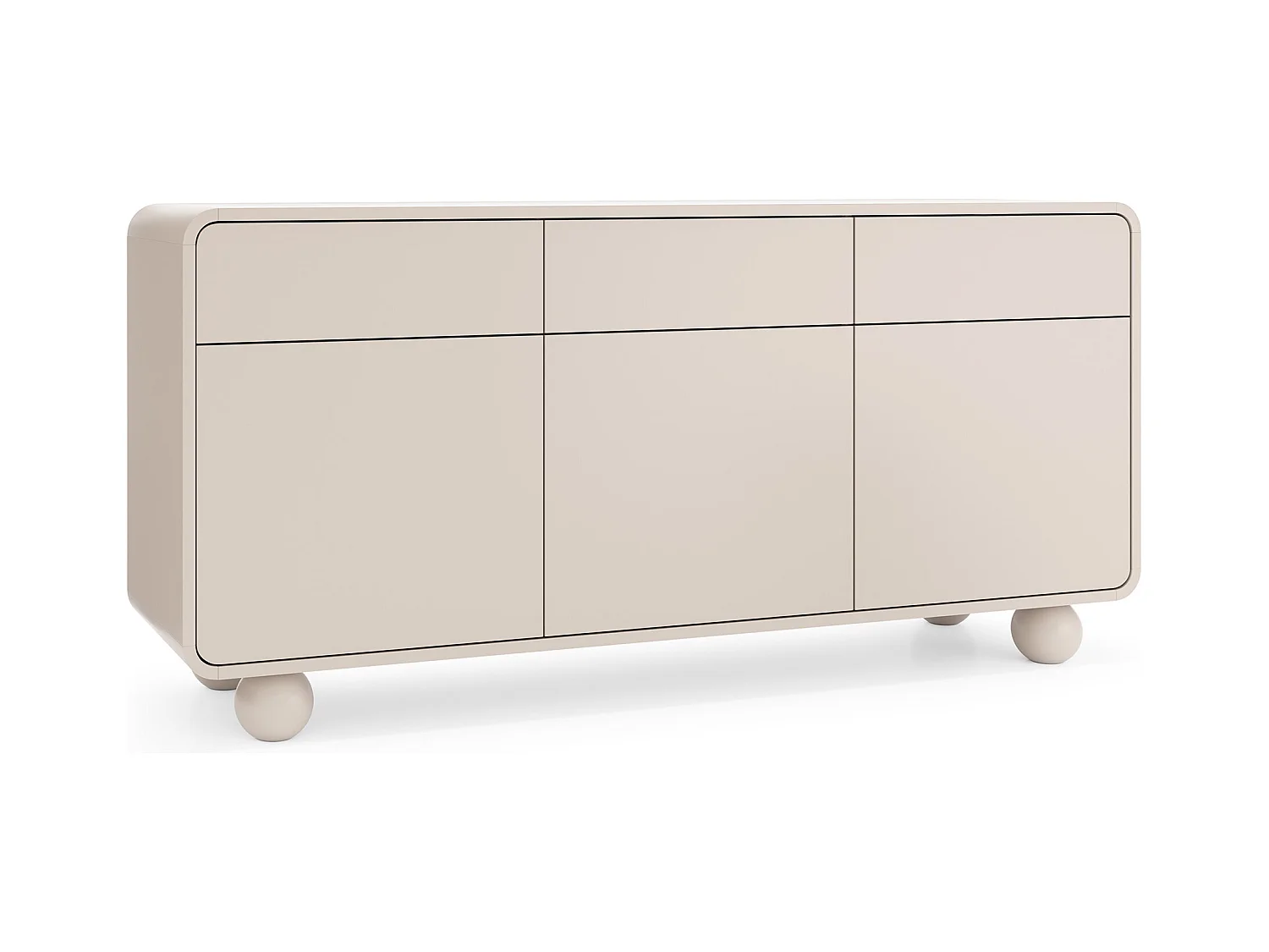 Buffet en cachemire avec trois armoires et trois tiroirs, Design moderne, pieds boule, 160 x 75 x 39 cm