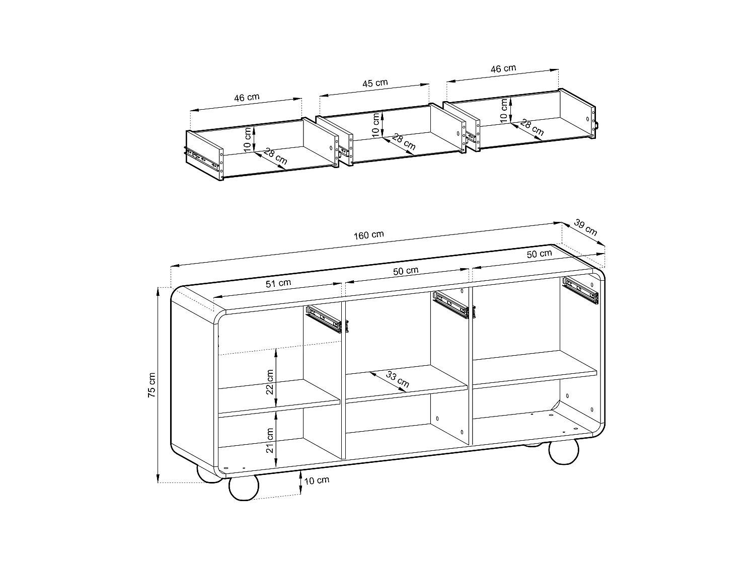 Buffet en cachemire avec trois armoires et trois tiroirs, Design moderne, pieds boule, 160 x 75 x 39 cm