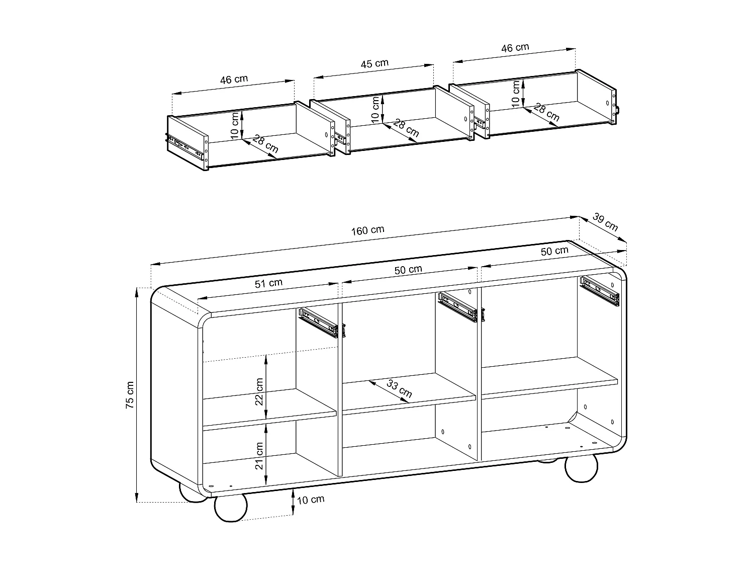Kasjmier dressoir met drie kasten en drie lades – Modern design, bolvormige poten, 160 x 75 x 39 cm