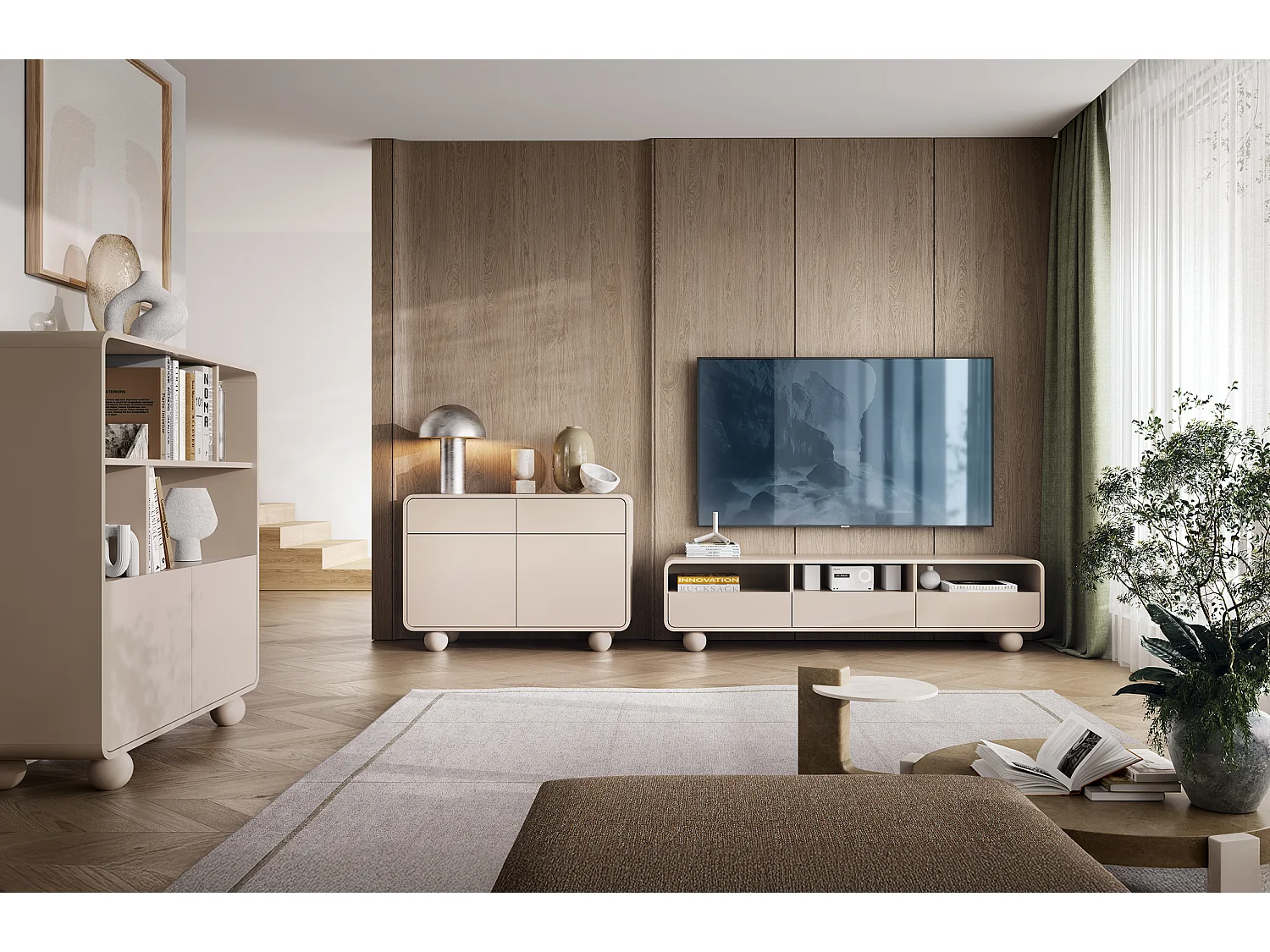 Sideboard aus Kaschmir mit drei Schränken und drei Schubladen – Modernes Design, kugelförmige Beine, 160 x 75 x 39 cm