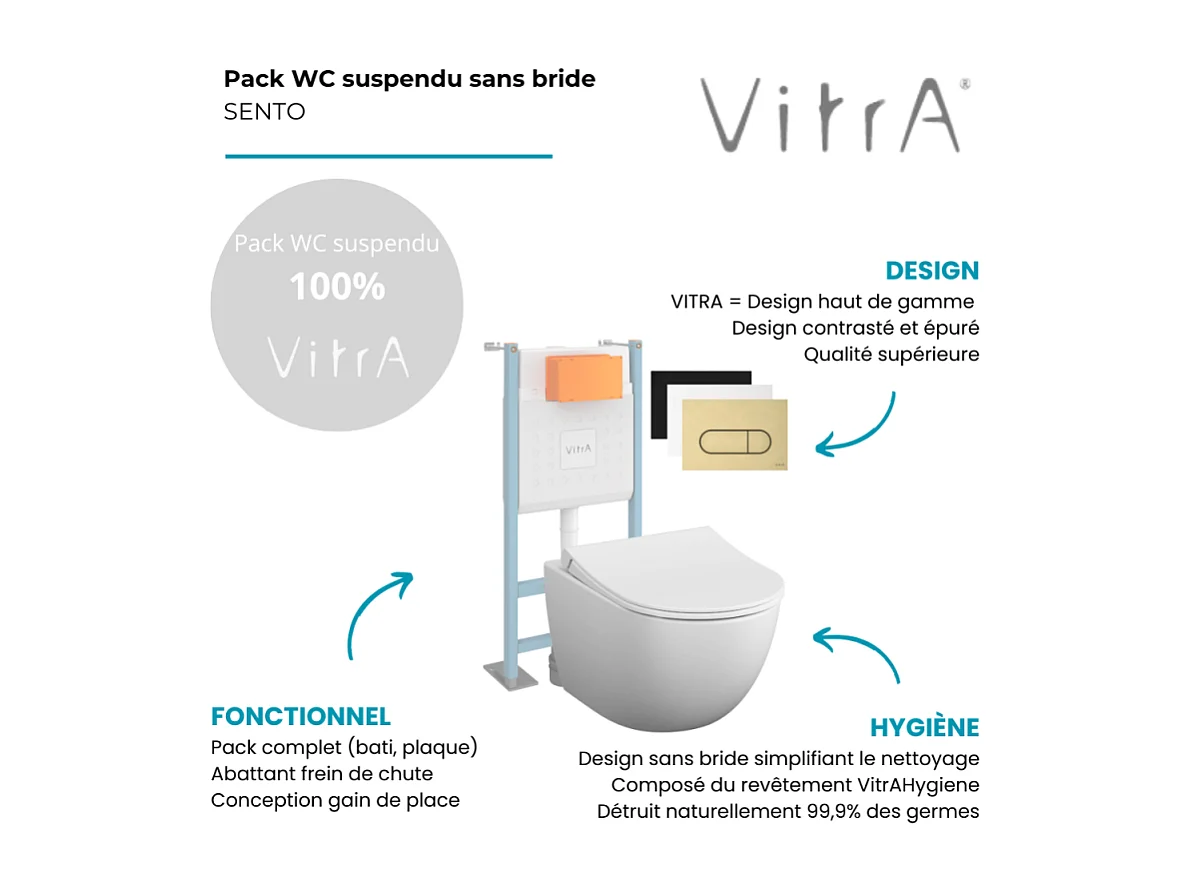 Pack WC suspendu VITRA Sento blanc mat + bâti autoportant V-Fix Core + Plaque Round or brossé