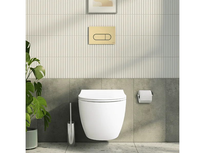 Pack WC suspendu VITRA Sento blanc mat + bâti autoportant V-Fix Core + Plaque Round or brossé