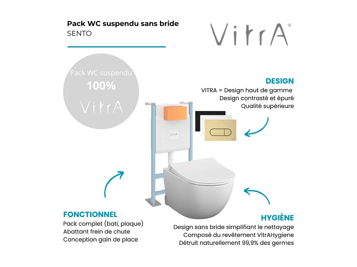 Pack WC suspendu VITRA Sento blanc mat + bâti autoportant V-Fix Core + Plaque Round or brossé