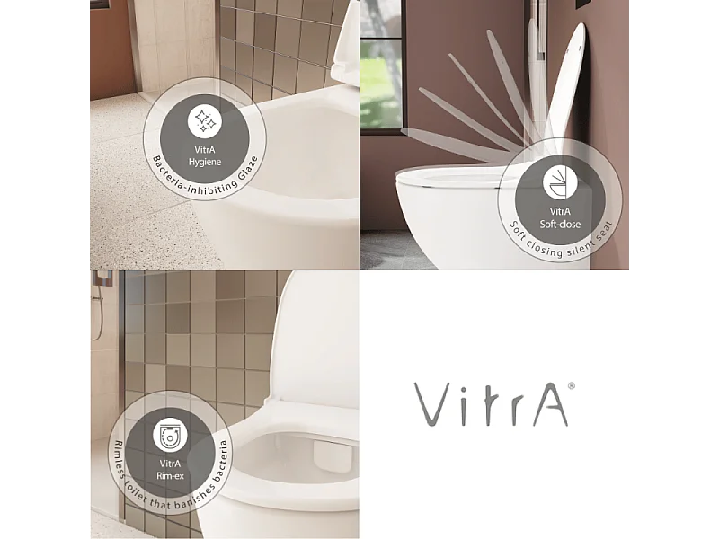 Pack WC suspendu VITRA Sento blanc mat + bâti autoportant V-Fix Core + Plaque Round or brossé