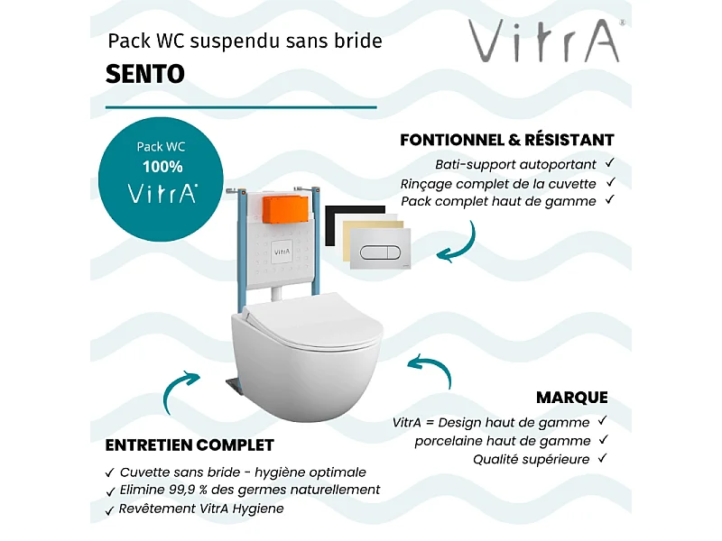 Pack WC suspendu VitrA Sento blanc mat + bâti autoportant V-Fix Core + Plaque Round or brossé