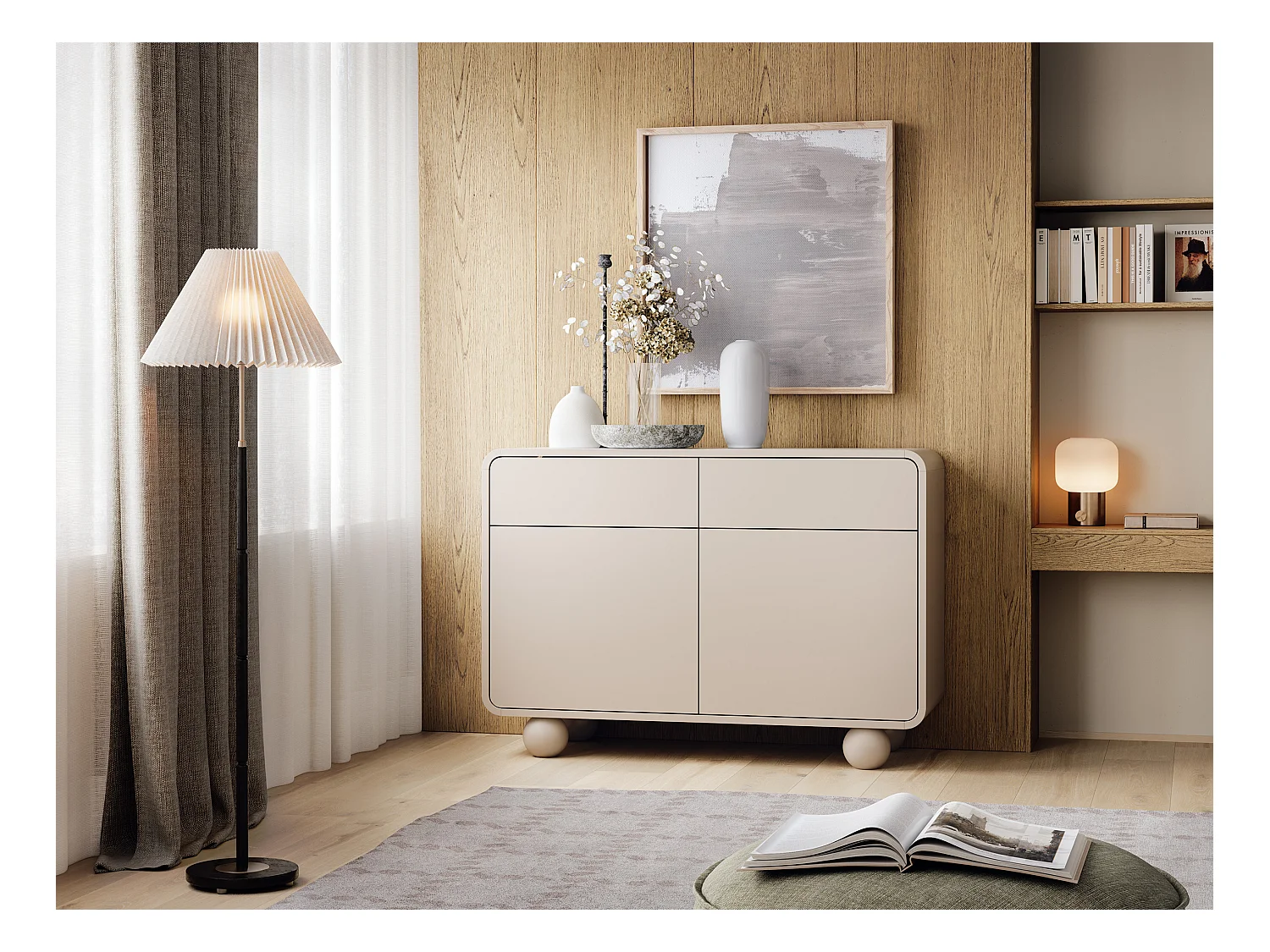 Buffet en cachemire avec deux armoires et deux tiroirs, Design moderne, pieds boule, 108 x 75 x 39 cm