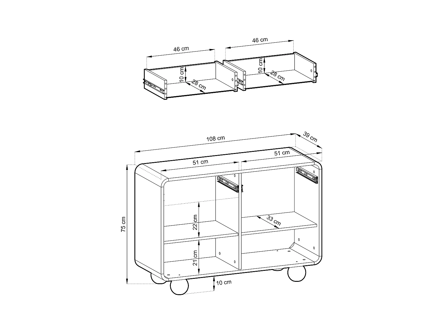 Buffet en cachemire avec deux armoires et deux tiroirs, Design moderne, pieds boule, 108 x 75 x 39 cm
