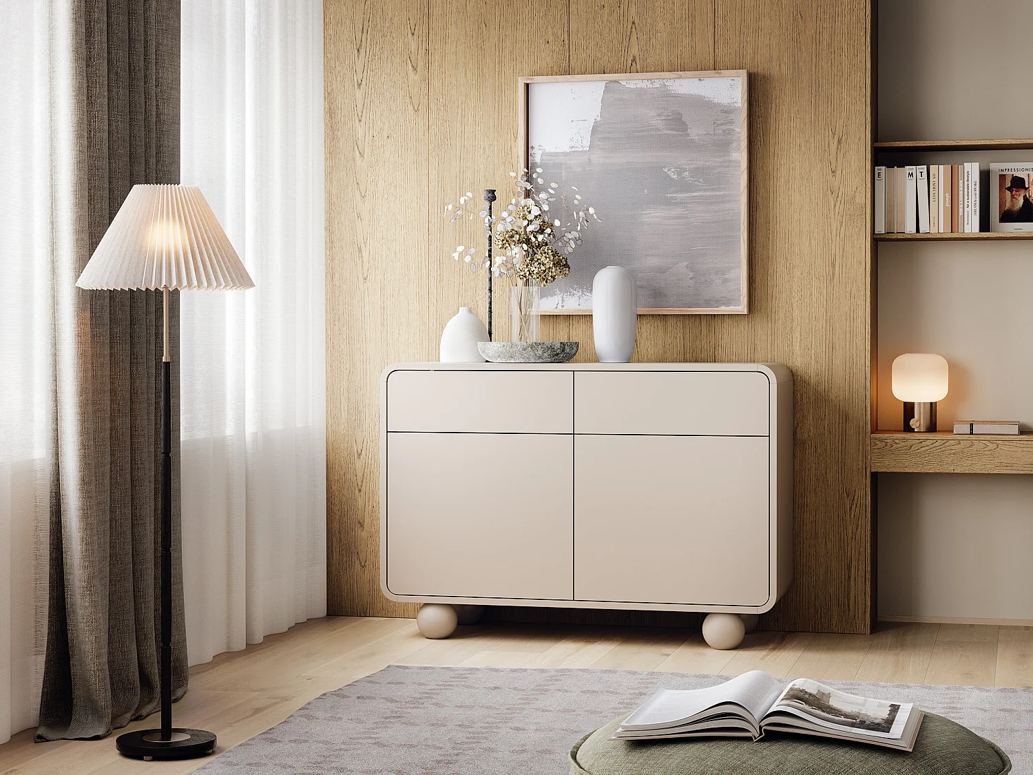 Kasjmier dressoir met twee kasten en twee lades – Modern design, bolvormige poten, 108 x 75 x 39 cm