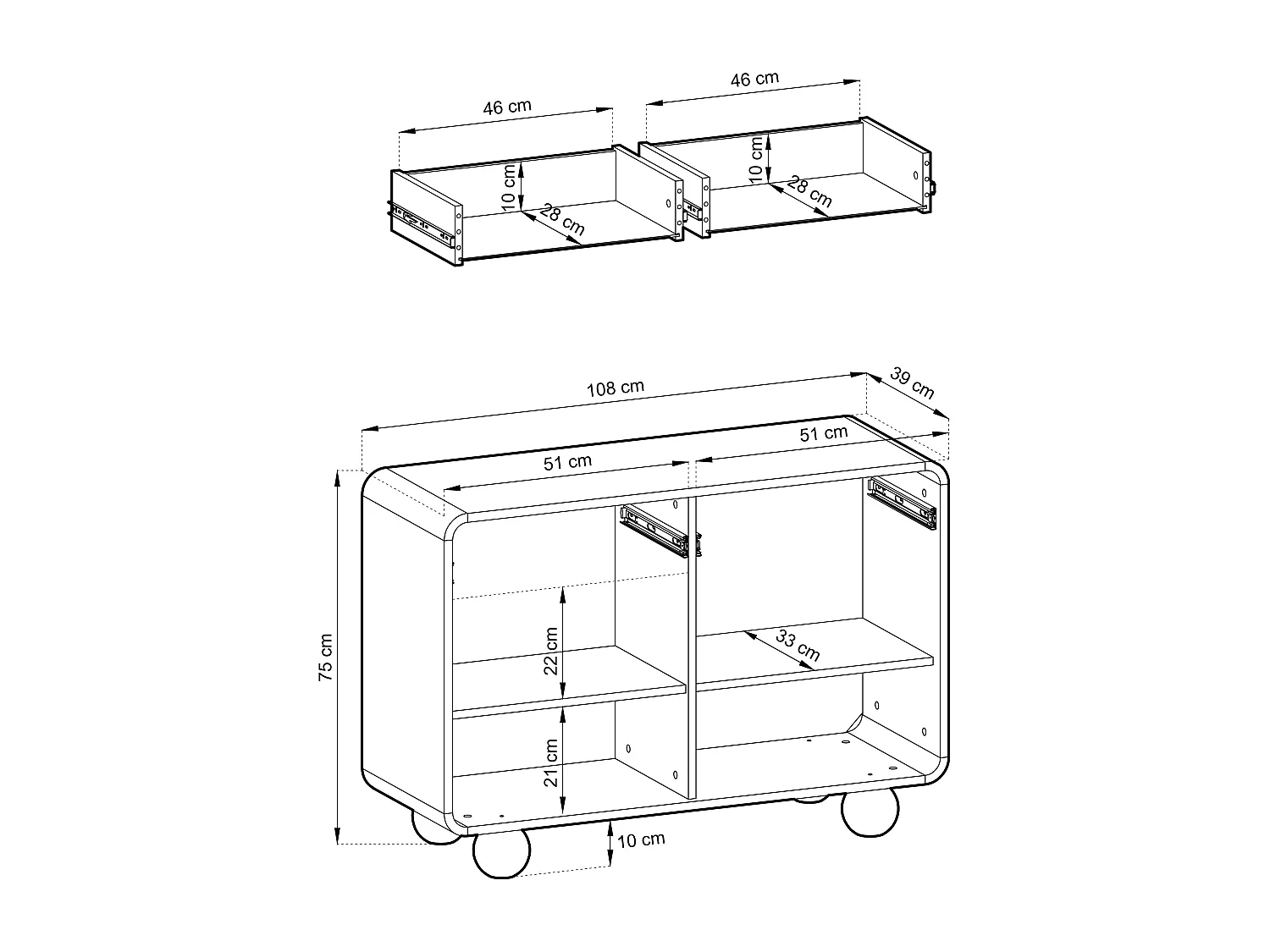 Kasjmier dressoir met twee kasten en twee lades – Modern design, bolvormige poten, 108 x 75 x 39 cm