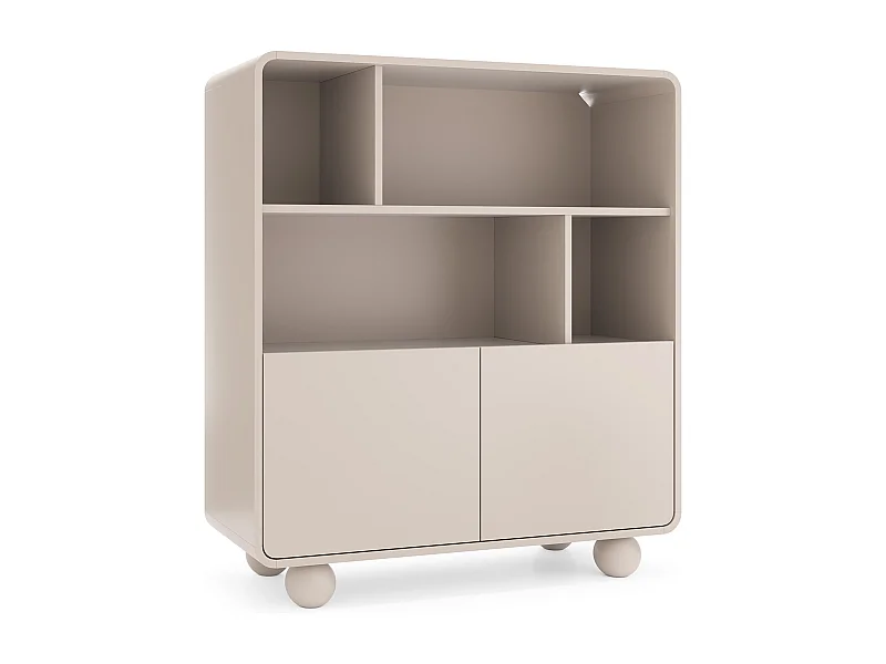 Bücherregal Cashmere mit Regalböden und Schrank – Modernes Design, kugelförmige Beine, 108 x 121 x 39 cm