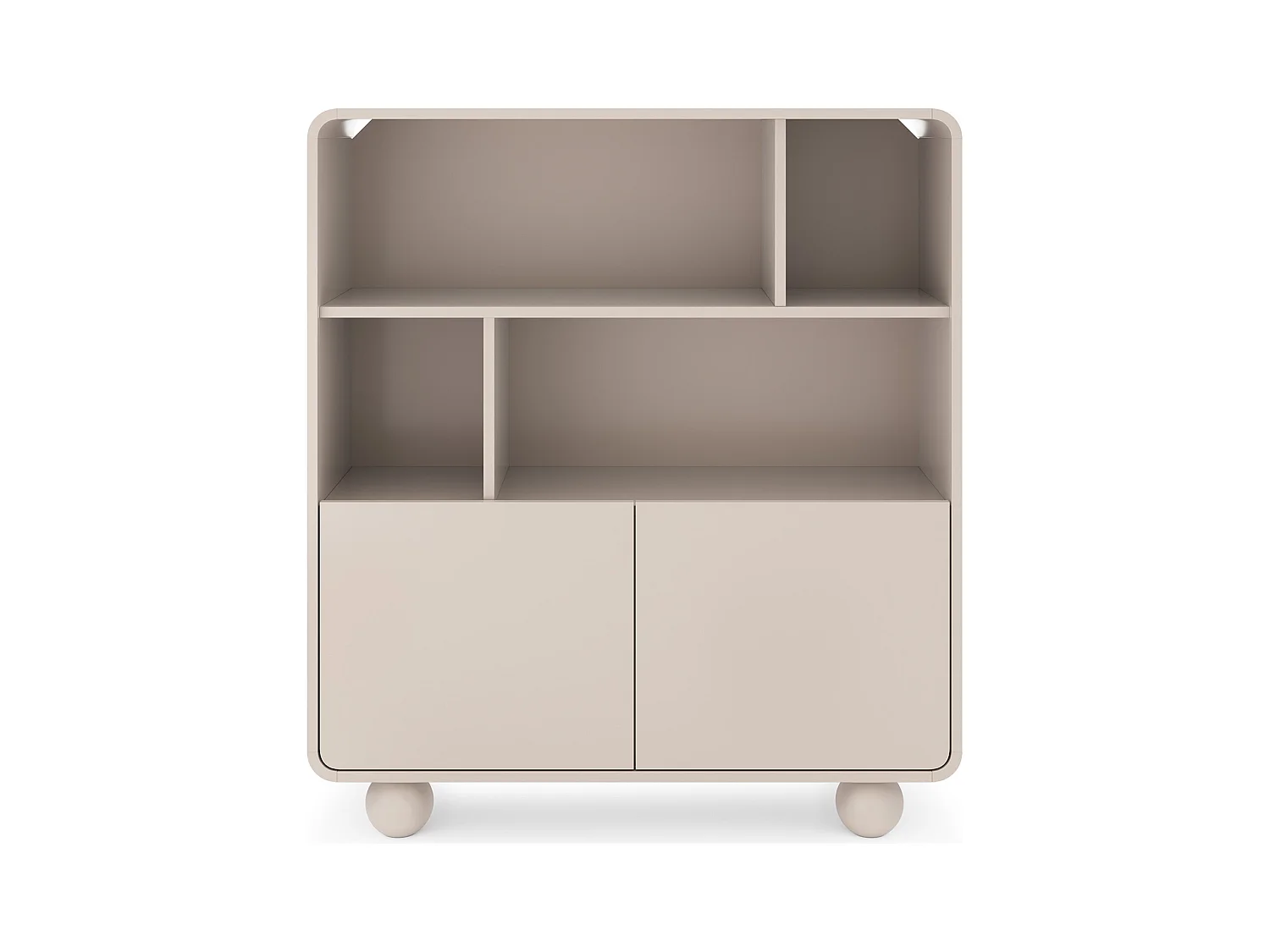 Bücherregal Cashmere mit Regalböden und Schrank – Modernes Design, kugelförmige Beine, 108 x 121 x 39 cm