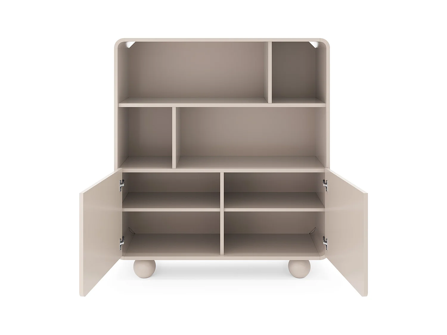 Bücherregal Cashmere mit Regalböden und Schrank – Modernes Design, kugelförmige Beine, 108 x 121 x 39 cm