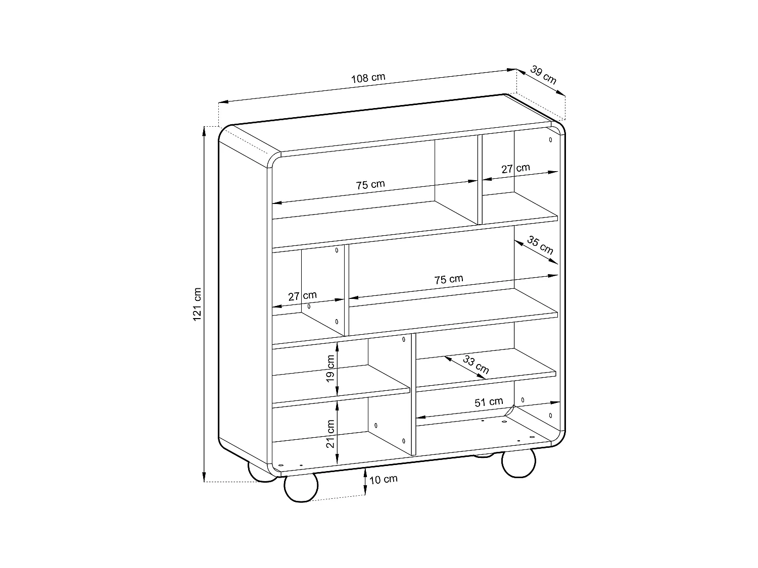 Bücherregal Cashmere mit Regalböden und Schrank – Modernes Design, kugelförmige Beine, 108 x 121 x 39 cm