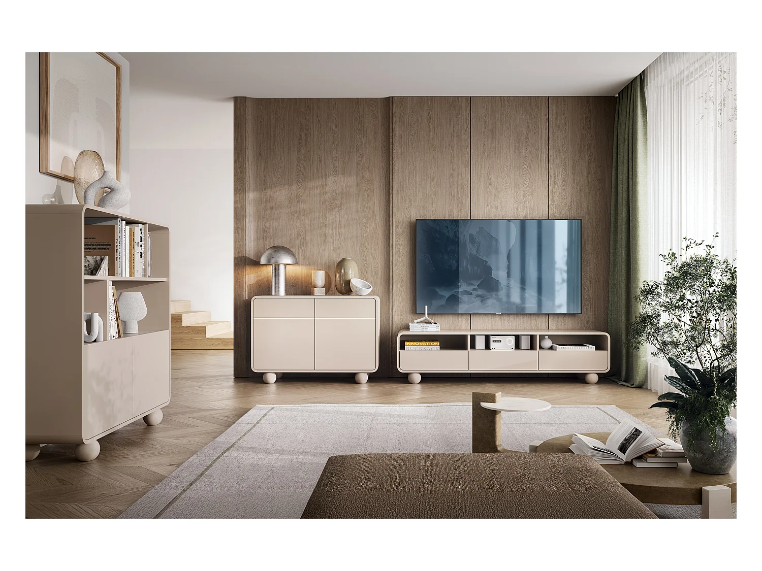 Bücherregal Cashmere mit Regalböden und Schrank – Modernes Design, kugelförmige Beine, 108 x 121 x 39 cm