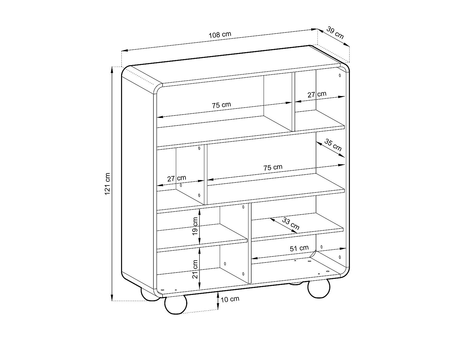 Estante de caxemira com prateleiras e armário – Design moderno, pernas em formato de bola, 108 x 121 x 39 cm