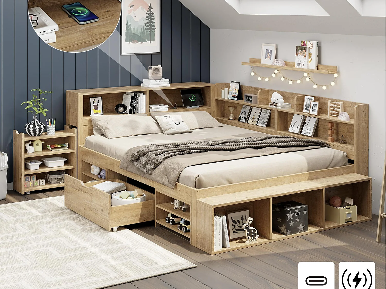 Lit enfant 140x200 cm - avec 1 tiroir - avec bibliothèque et rangement - sommier à lattes - naturel (sans matelas)