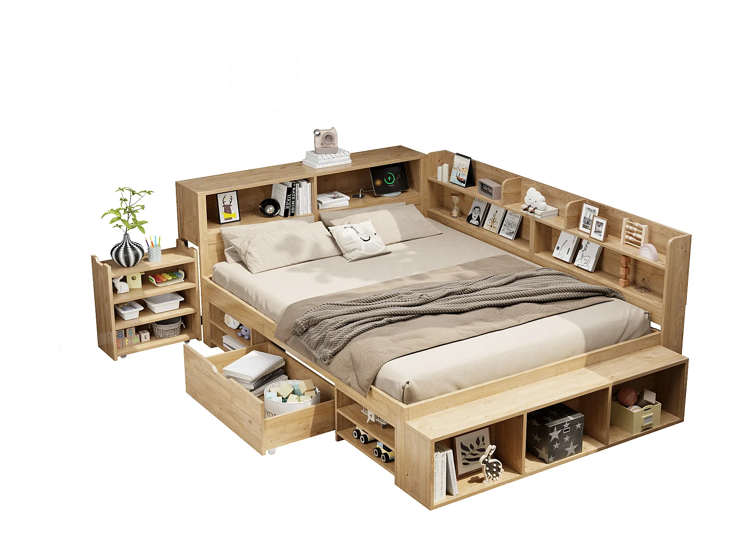 Lit enfant 140x200 cm - avec 1 tiroir - avec bibliothèque et rangement - sommier à lattes - naturel (sans matelas)