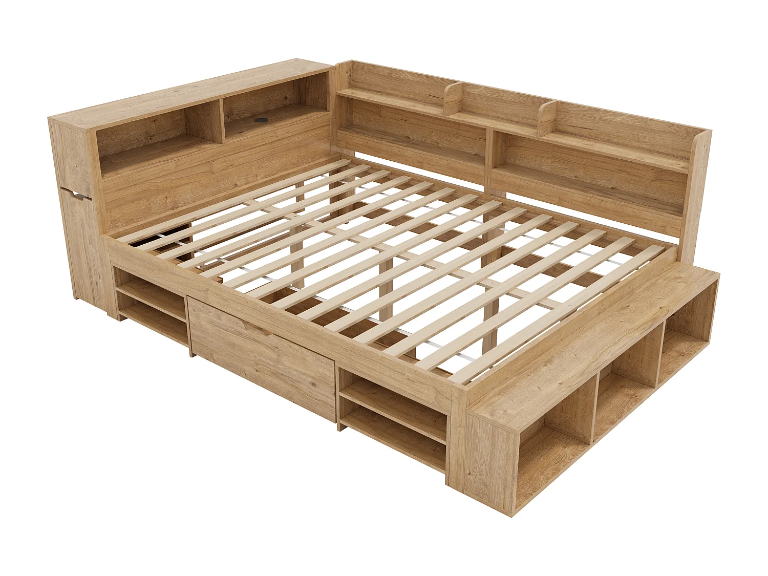 Lit enfant 140x200 cm - avec 1 tiroir - avec bibliothèque et rangement - sommier à lattes - naturel (sans matelas)