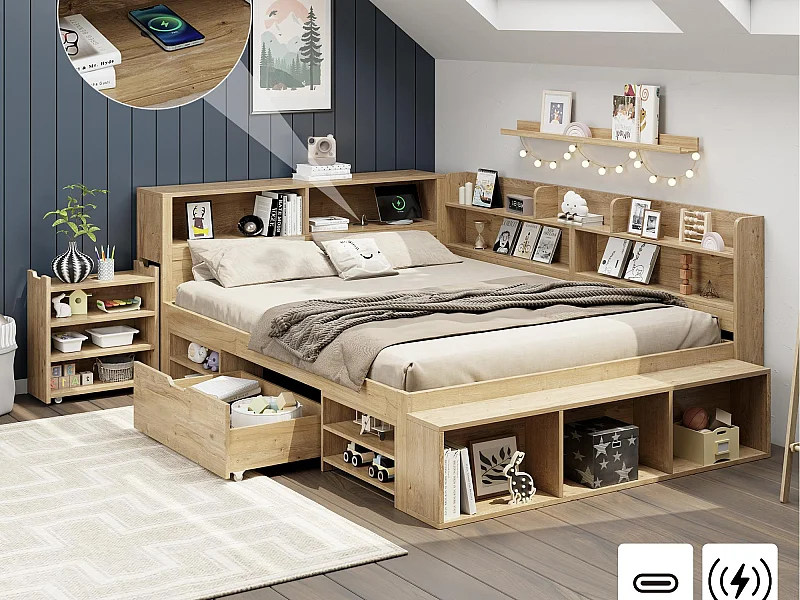 Lit enfant 140x200 cm - avec 1 tiroir - avec bibliothèque et rangement - sommier à lattes - naturel (sans matelas)