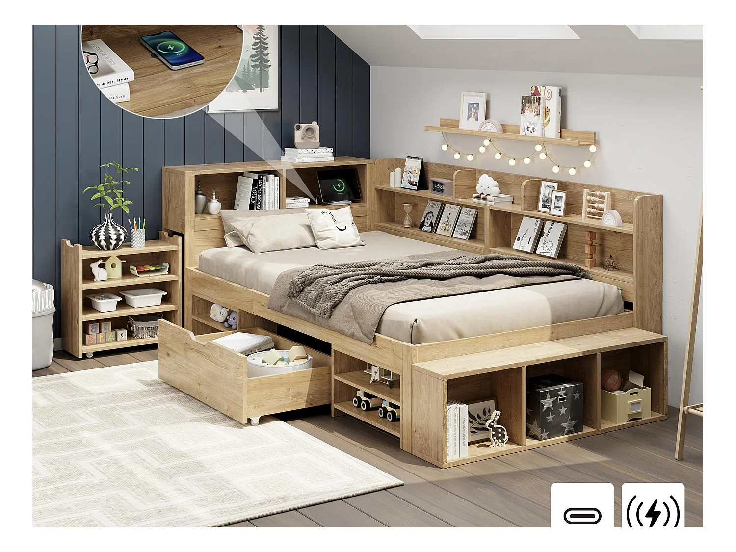 Lit enfant 90x200 cm - avec 1 tiroir - avec bibliothèque et rangement - sommier à lattes - naturel (sans matelas)