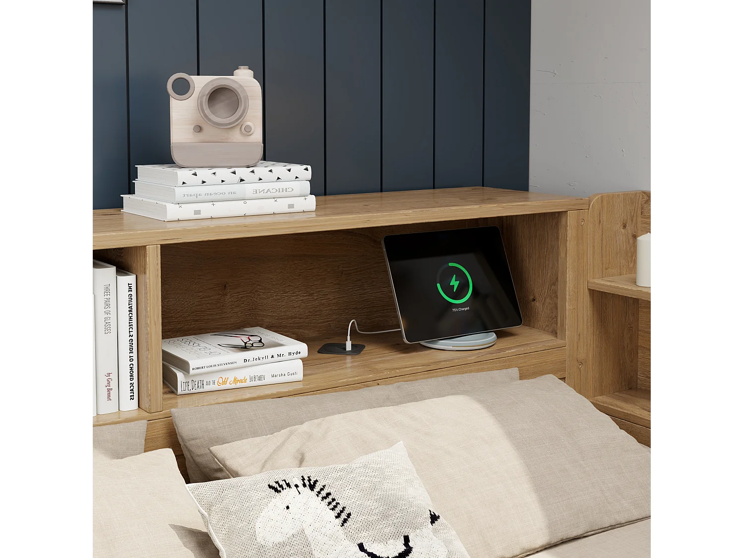 Lit enfant 90x200 cm - avec 1 tiroir - avec bibliothèque et rangement - sommier à lattes - naturel (sans matelas)