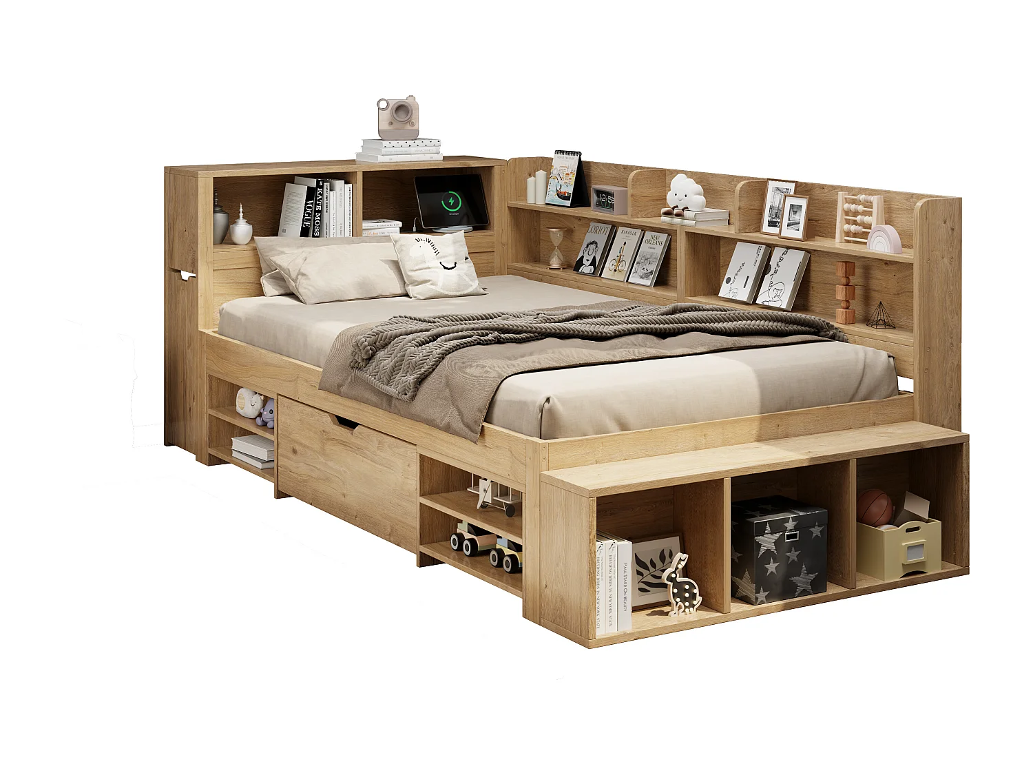 Lit enfant 90x200 cm - avec 1 tiroir - avec bibliothèque et rangement - sommier à lattes - naturel (sans matelas)