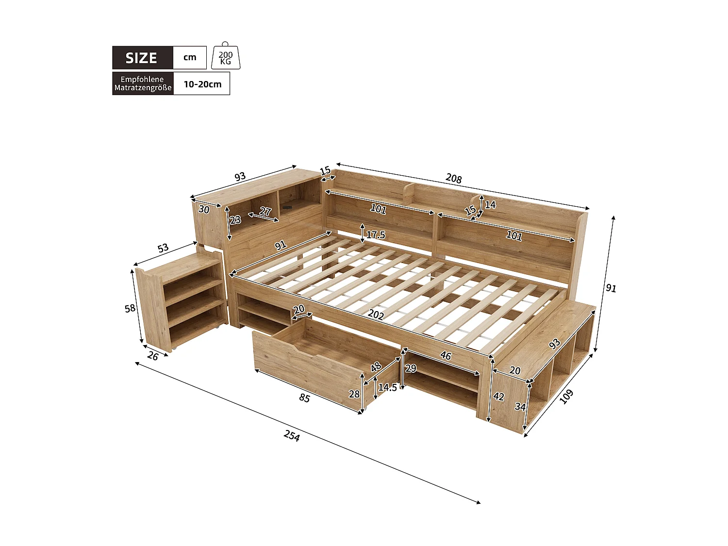Børneseng 90x200 cm - med 1 skuffe - med reol og opbevaring - lamelbund - natur (madras medfølger ikke)