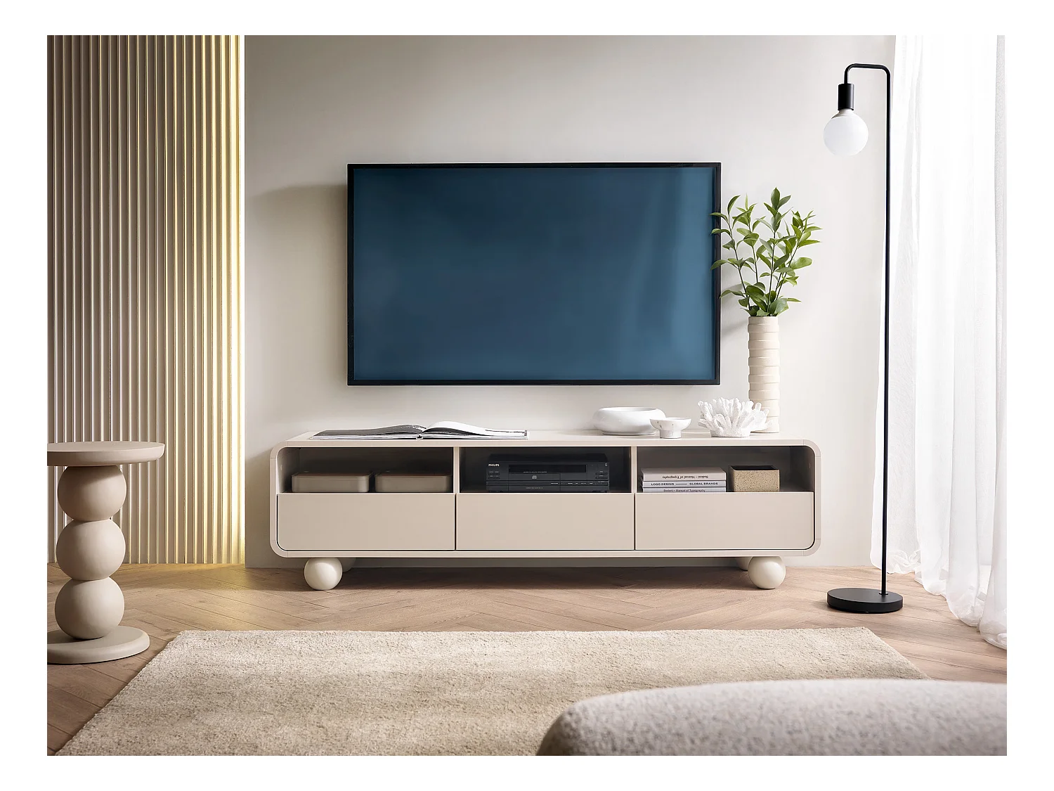 Meuble TV Cachemire avec étagères et portes, Design moderne, pieds boule, 180 x 44 x 39 cm