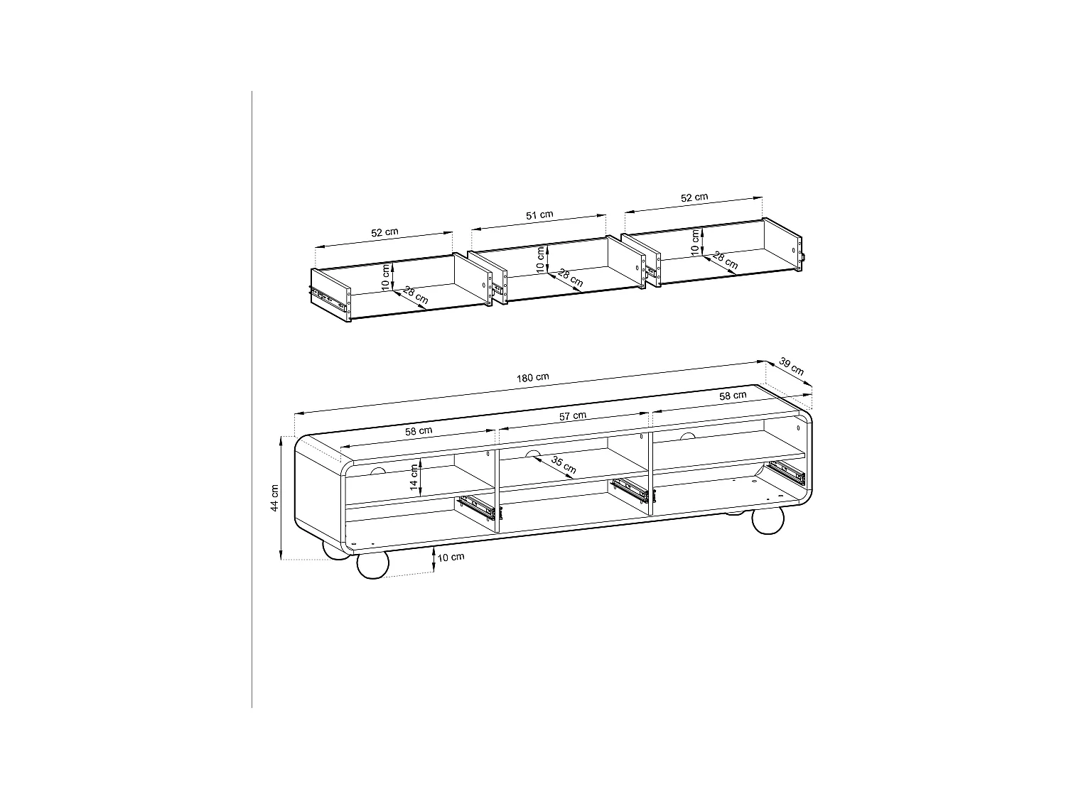 Meuble TV Cachemire avec étagères et portes, Design moderne, pieds boule, 180 x 44 x 39 cm