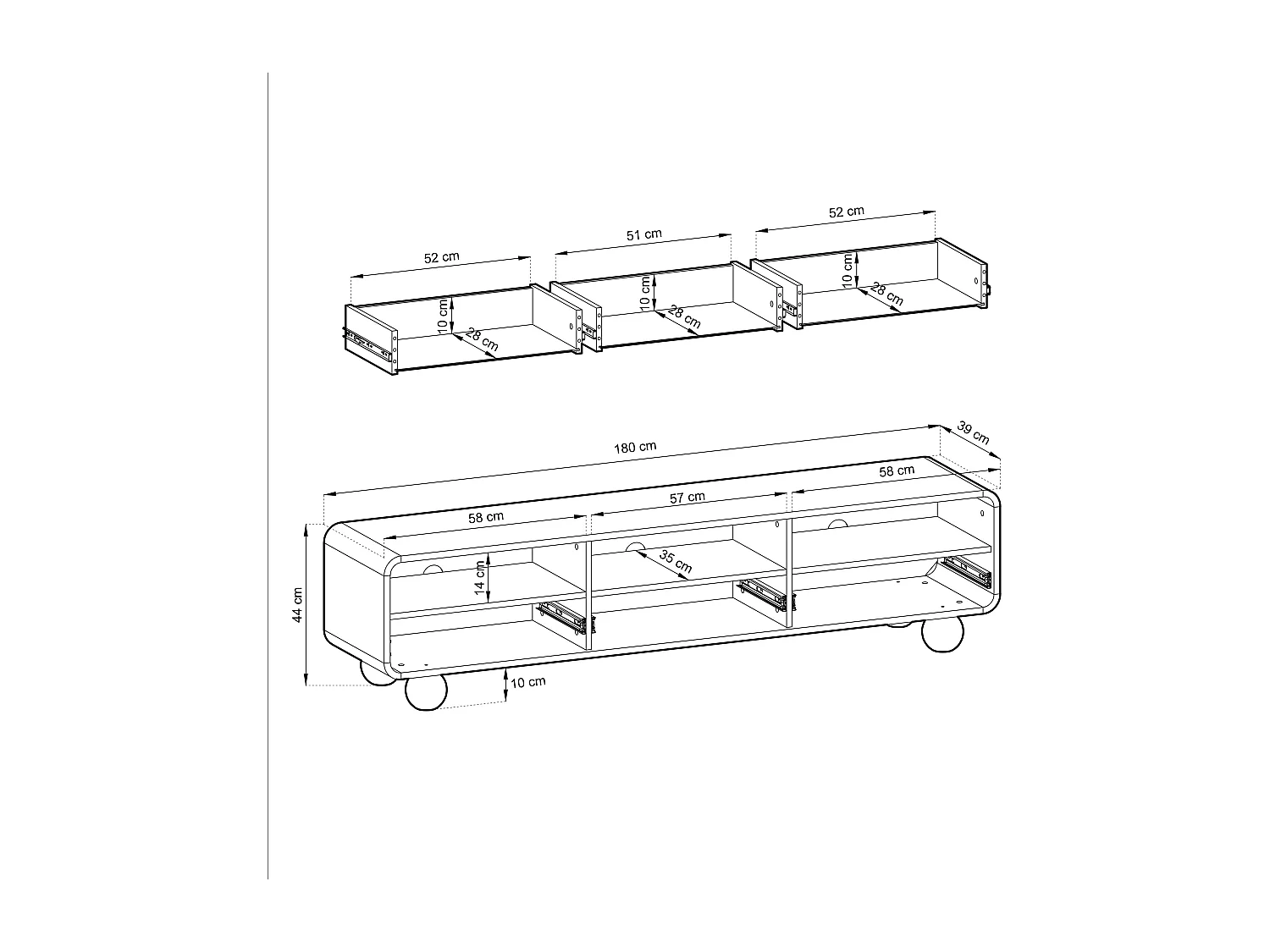Meuble TV Cachemire avec étagères et portes, Design moderne, pieds boule, 180 x 44 x 39 cm