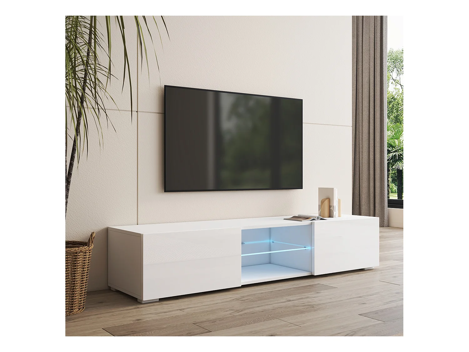 Meuble TV pour Salon Salle à manger en Blanc avec LED 160x38,5x32cm Tibi