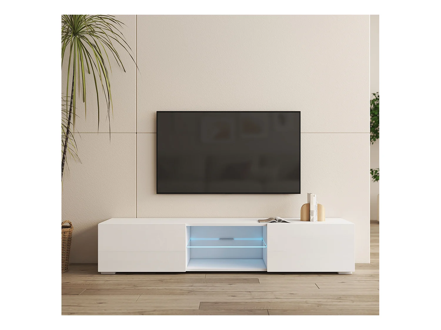 Meuble TV pour Salon Salle à manger en Blanc avec LED 160x38,5x32cm Tibi