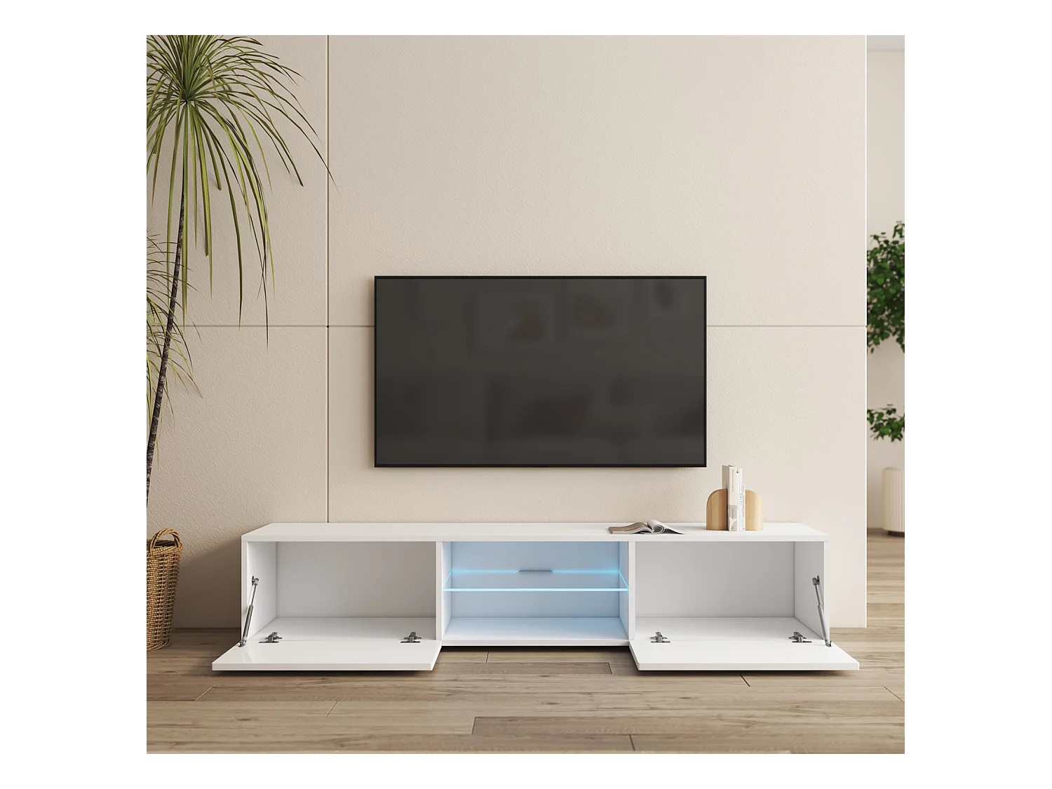 Meuble TV pour Salon Salle à manger en Blanc avec LED 160x38,5x32cm Tibi