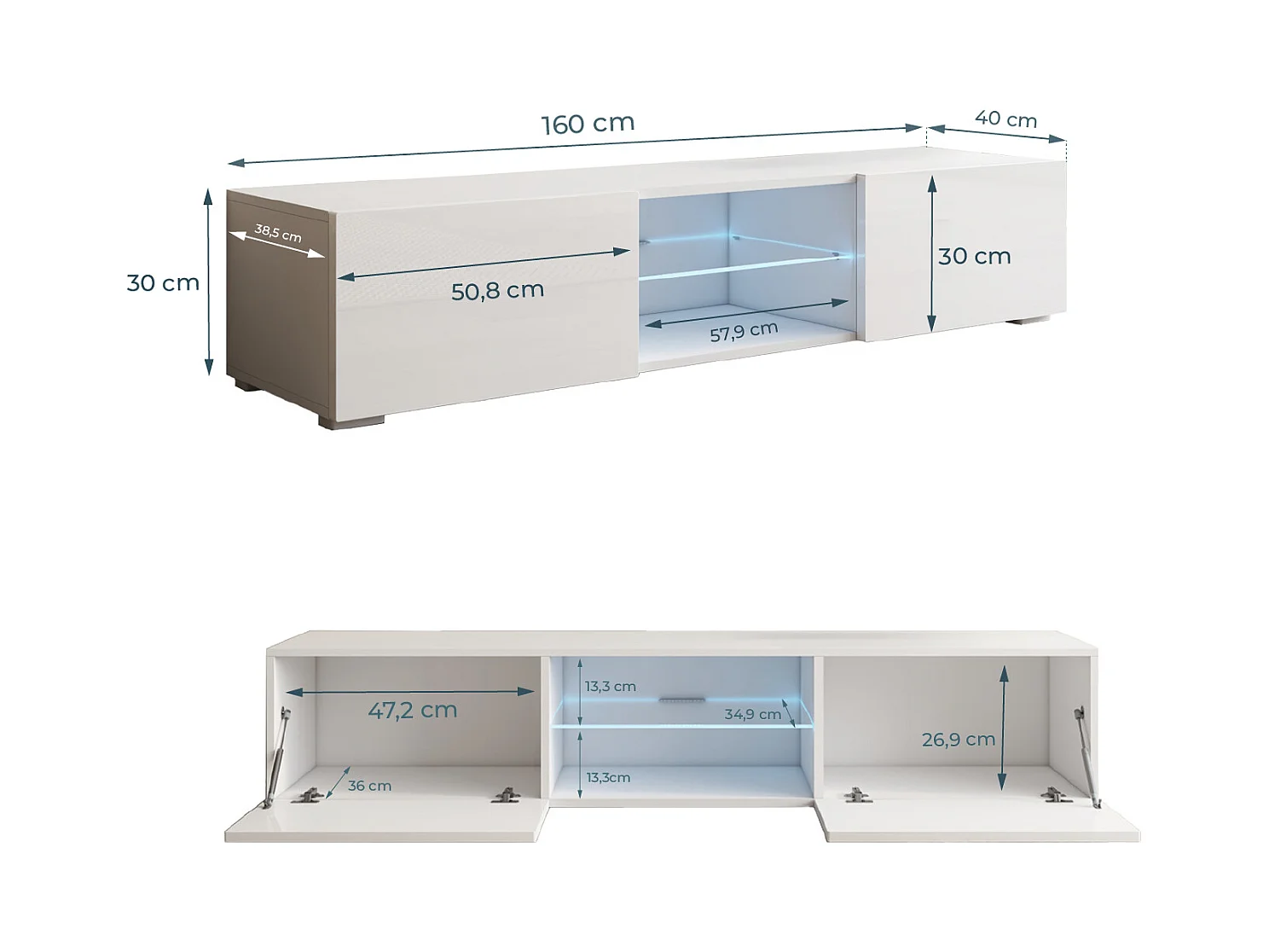 Meuble TV pour Salon Salle à manger en Blanc avec LED 160x38,5x32cm Tibi