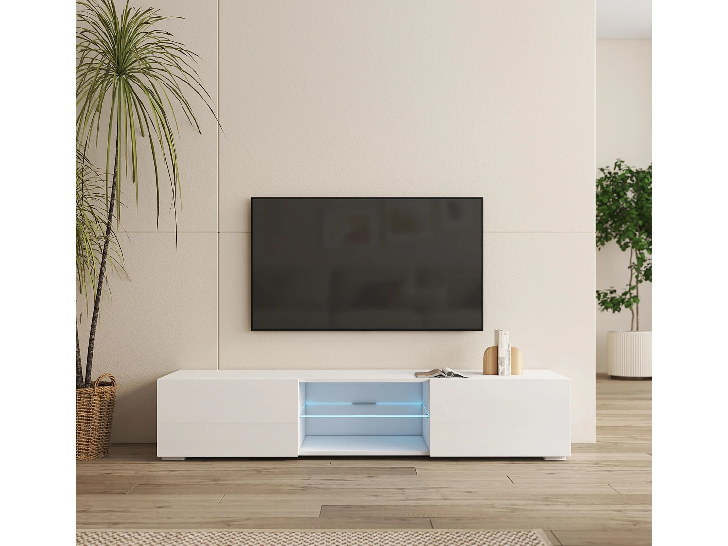 Meuble TV pour Salon Salle à manger en Blanc avec LED 160x38,5x32cm Tibi