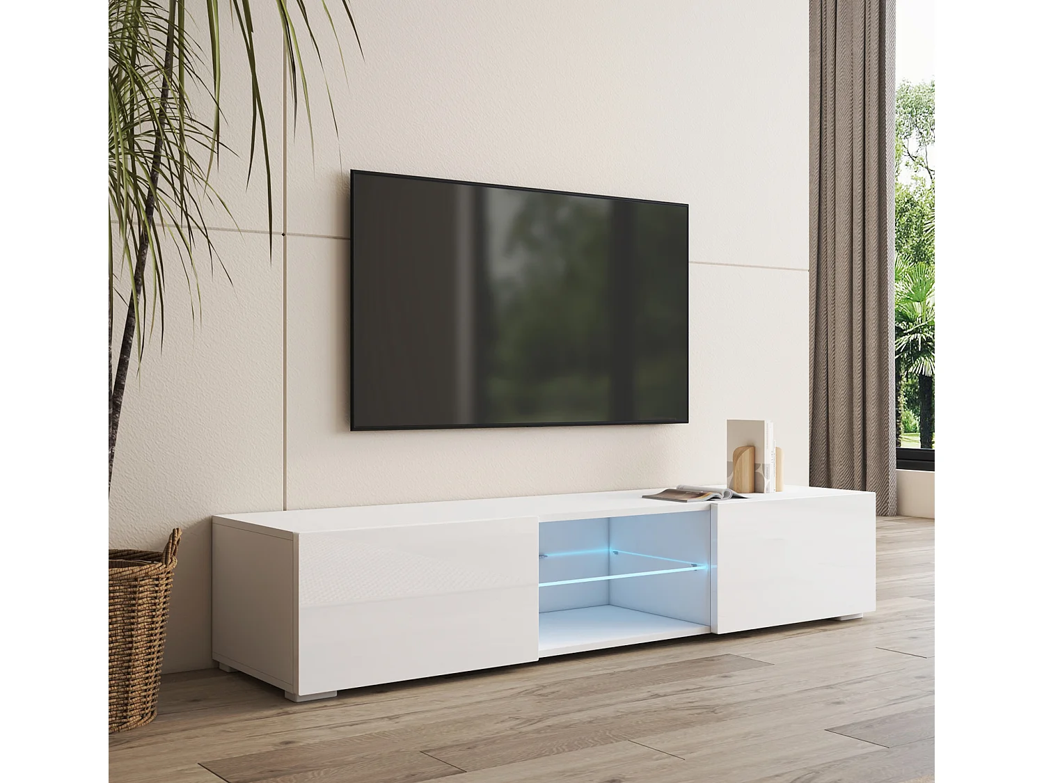 Meuble TV pour Salon Salle à manger en Blanc avec LED 160x38,5x32cm Tibi
