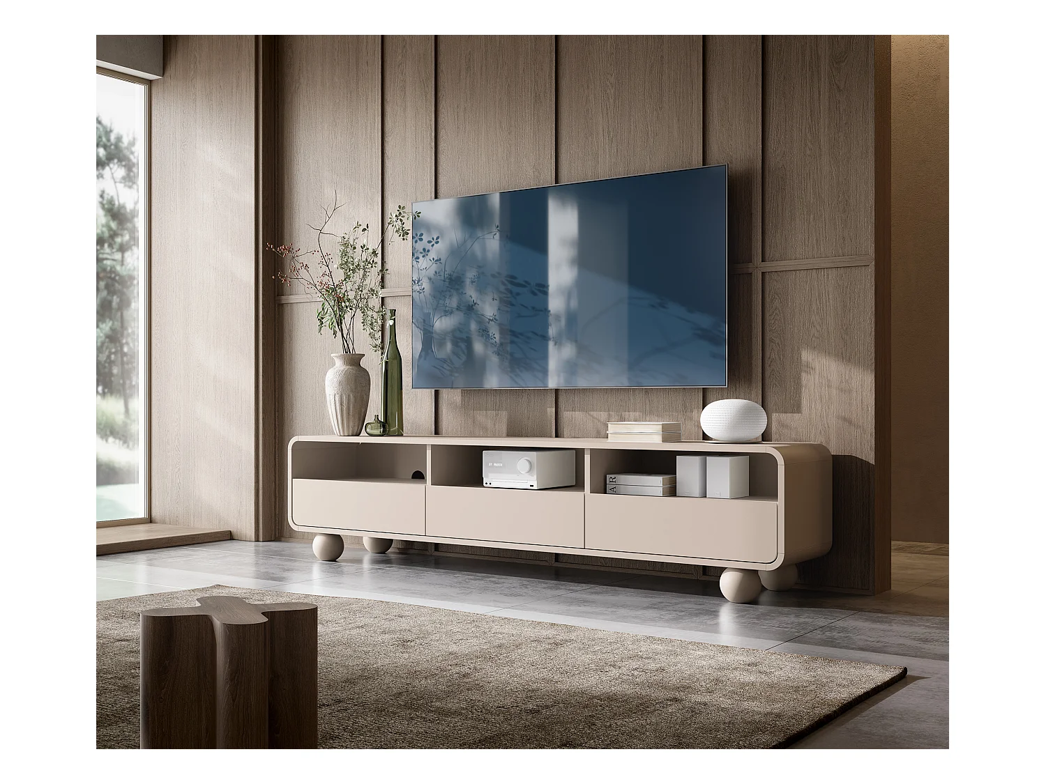 Meuble TV Cachemire avec étagères et portes, Design moderne, pieds boule, 160 x 44 x 39 cm