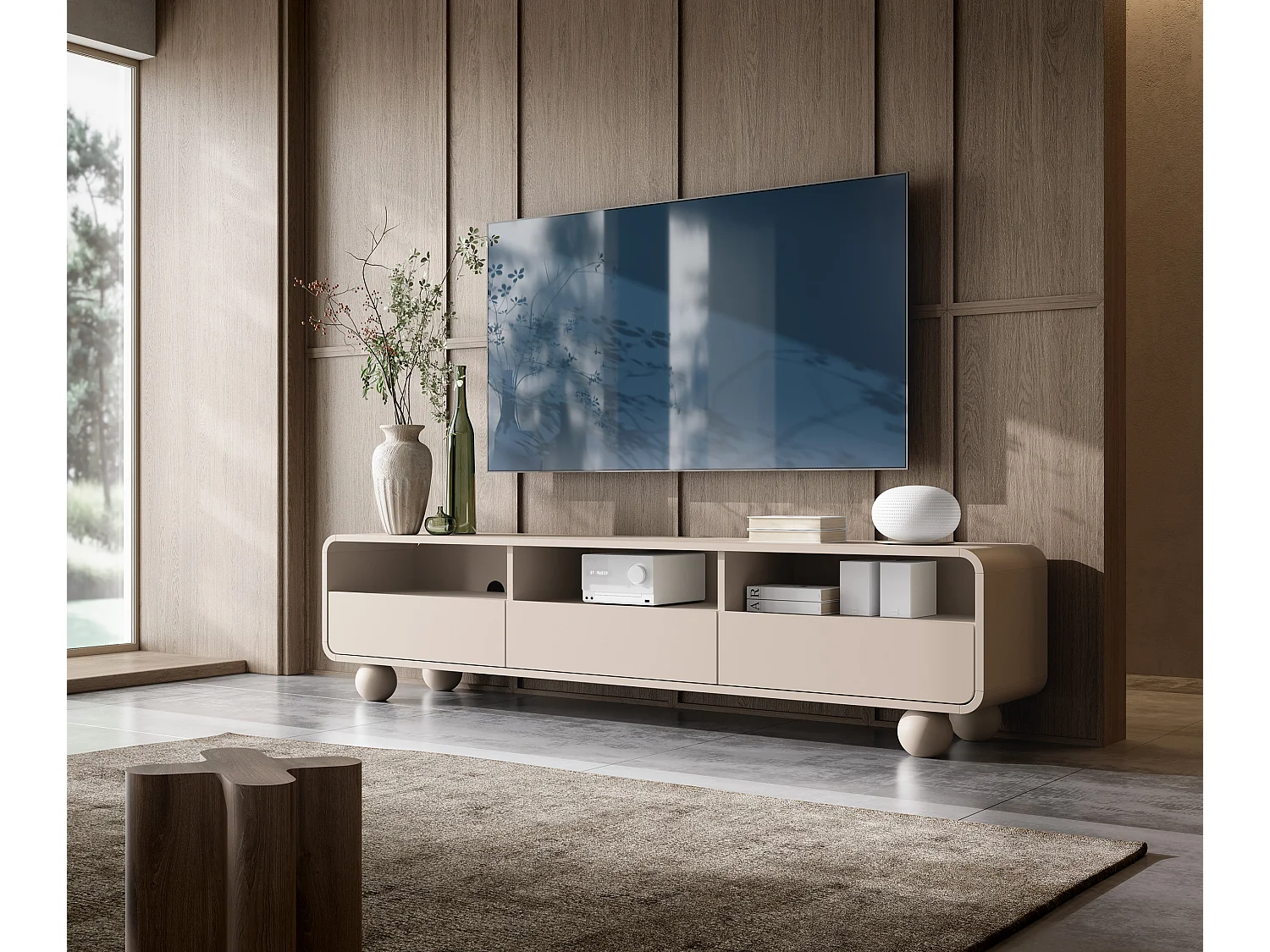 Meuble TV Cachemire avec étagères et portes, Design moderne, pieds boule, 160 x 44 x 39 cm