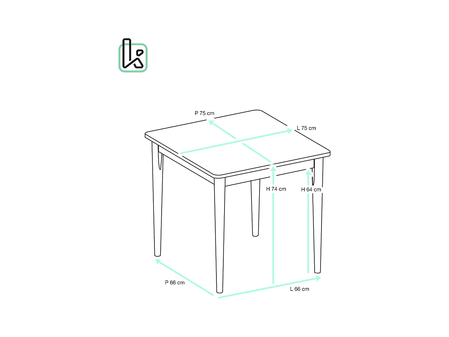 Table cuisine carrée Bois massif  75x75cm 2 personnes NITA (Bois Clair Blanc )