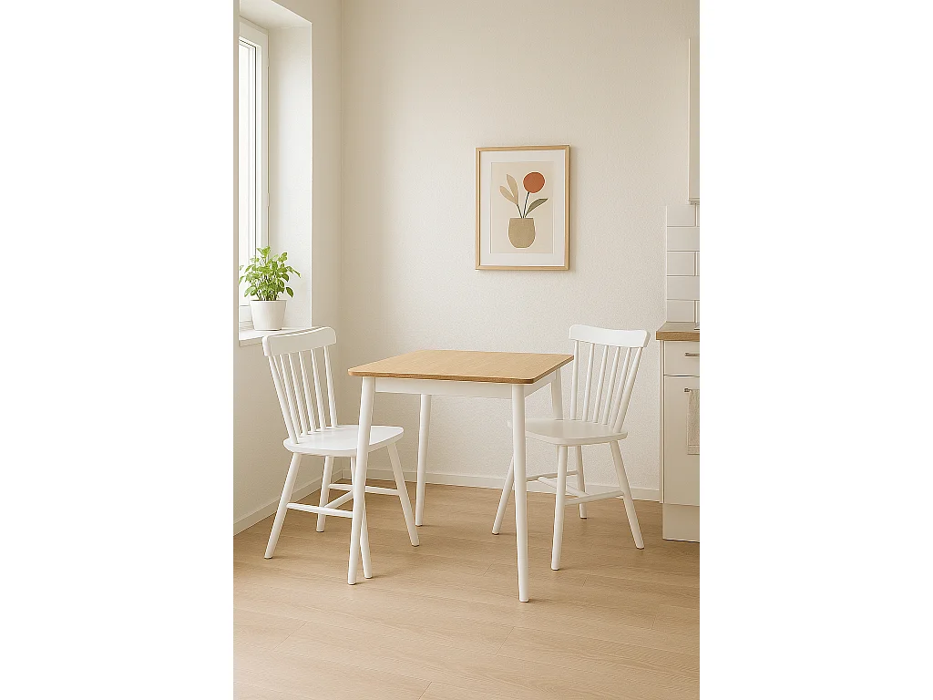 Table cuisine carrée Bois massif  75x75cm 2 personnes NITA (Bois Clair Blanc )