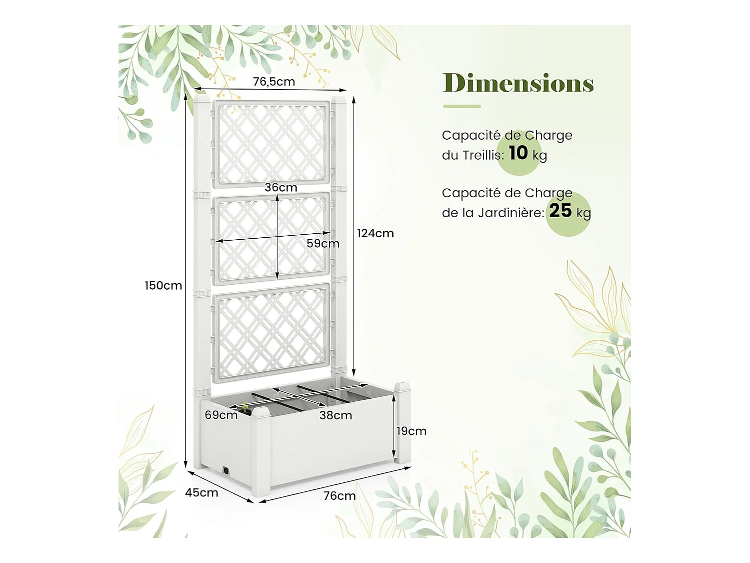 Jardinière avec Treillis à 3 Hauteurs Arrosage Automatique Blanc et Gris