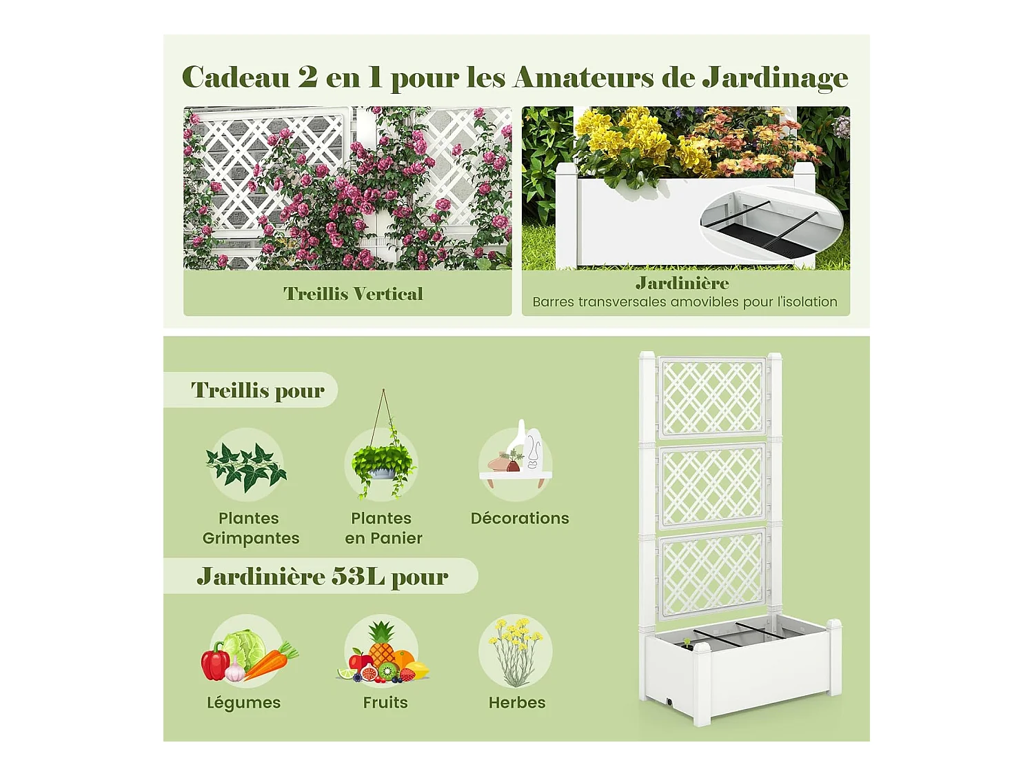 Jardinière avec Treillis à 3 Hauteurs Arrosage Automatique Blanc et Gris